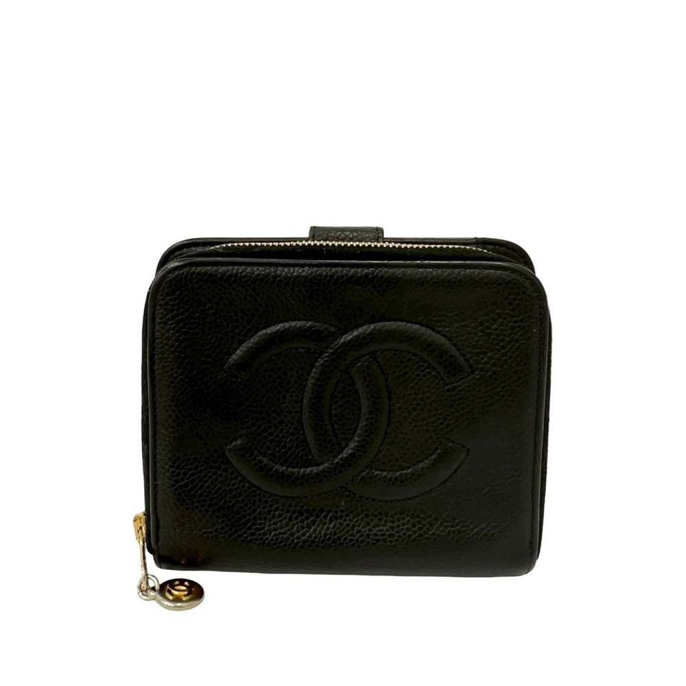 CHANEL Vintage Black Caviar Leather Logo Wallet